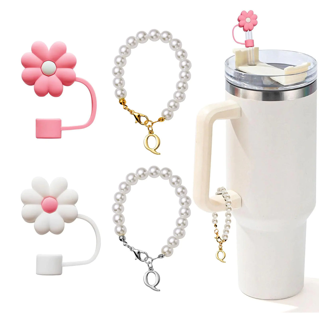 LUHOHI 4pcs Charms for Stanley Cup,Pearl Chain Accessories Stanley Cup Initial Letter Charms for Handle with 2pcs straw covers Stuff Decor Water Bottle Jewelry Tumbler Personalized Decorations ID Q
