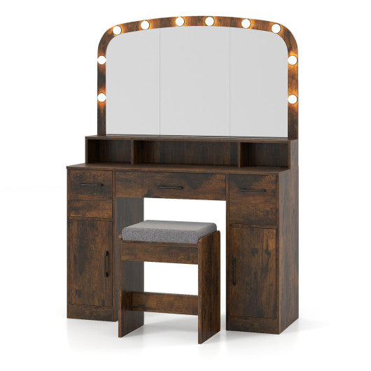 Vanity Desk Makeup Table with Stool 3-Color Lights and Charging Station-Rustic Brown