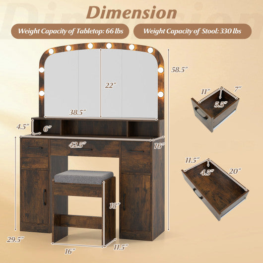 Vanity Desk Makeup Table with Stool 3-Color Lights and Charging Station-Rustic Brown