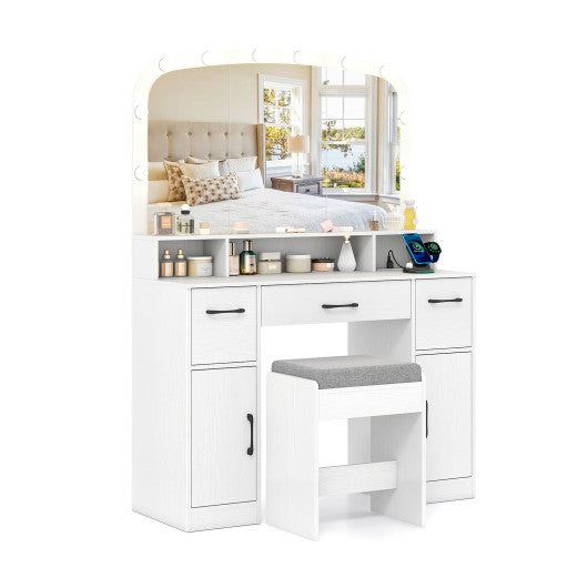 Vanity Desk Makeup Table with Stool 3-Color Lights and Charging Station-White