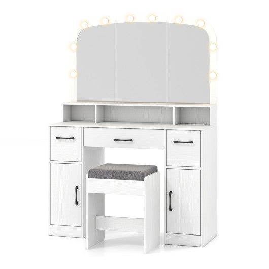 Vanity Desk Makeup Table with Stool 3-Color Lights and Charging Station-White