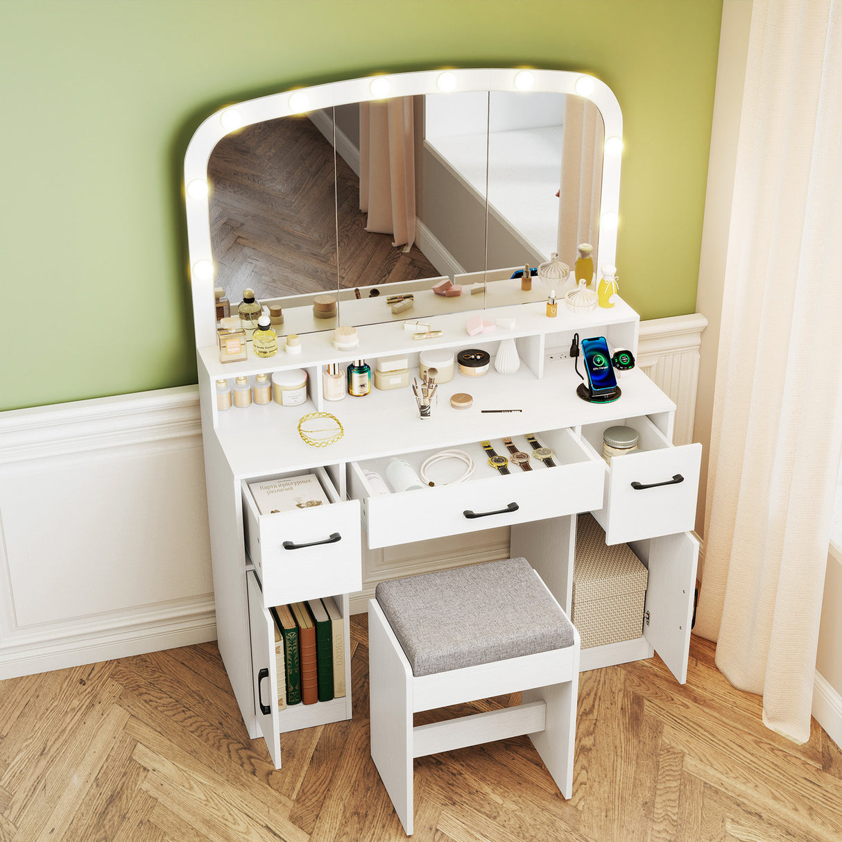Vanity Desk Makeup Table with Stool 3-Color Lights and Charging Station-White