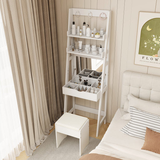 Vanity Desk Set with Flip Top Mirror Hidden Storage Compartments and Cushioned Stool-White
