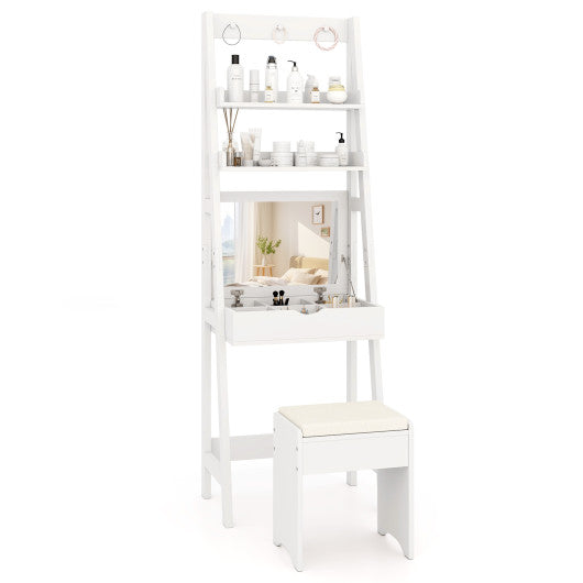 Vanity Desk Set with Flip Top Mirror Hidden Storage Compartments and Cushioned Stool-White