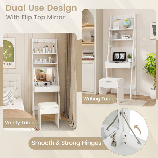 Vanity Desk Set with Flip Top Mirror Hidden Storage Compartments and Cushioned Stool-White