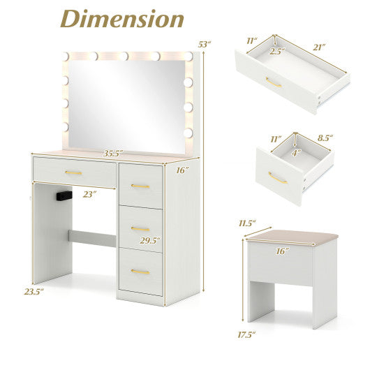 Vanity Desk with Mirror and Lights Makeup Dressing Table with Power Outlets-White