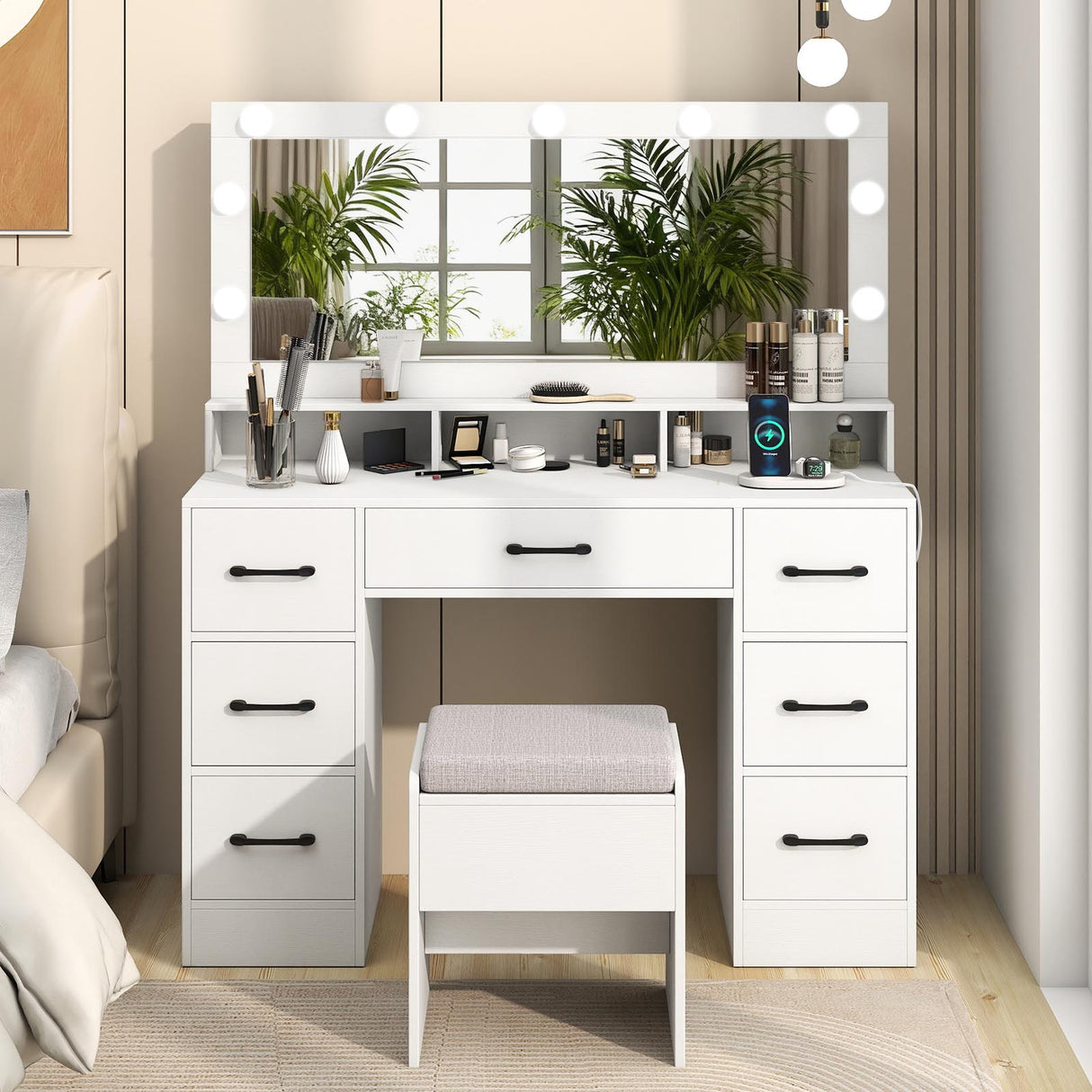 Vanity Desk with Mirror and Lights Makeup Table with Power Outlets-White