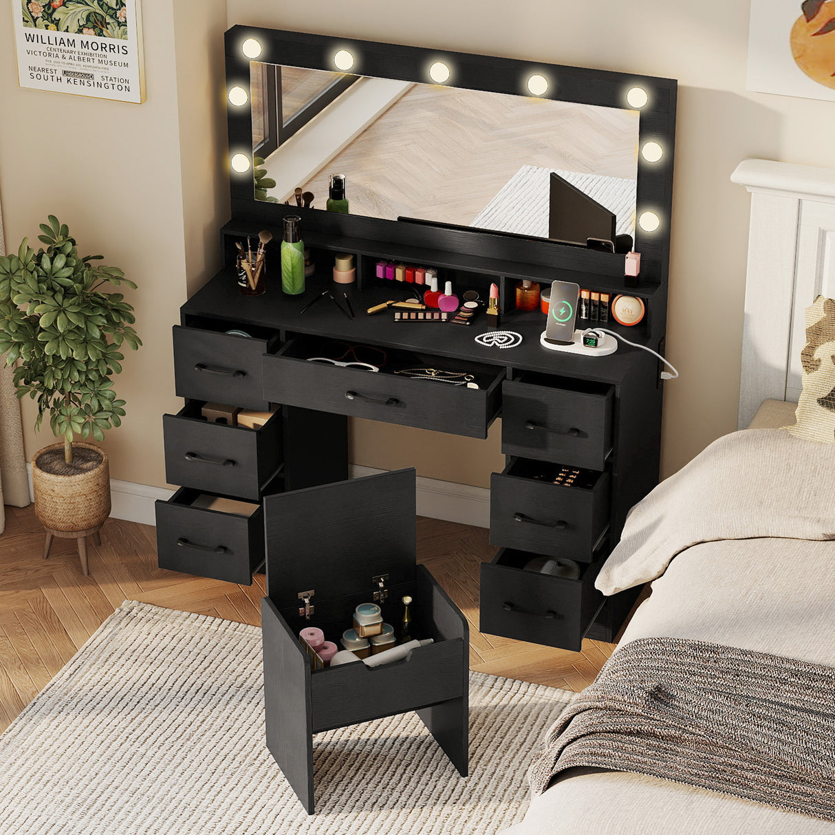 Vanity Desk with Mirror and Lights Makeup Table with Power Outlets-Black