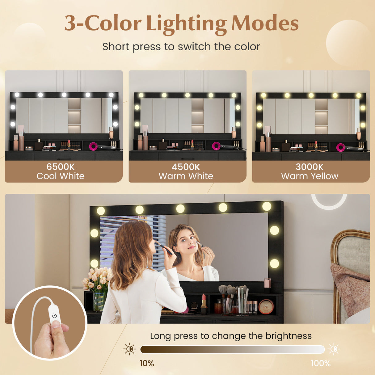 Vanity Desk with Mirror and Lights Makeup Table with Power Outlets-Black