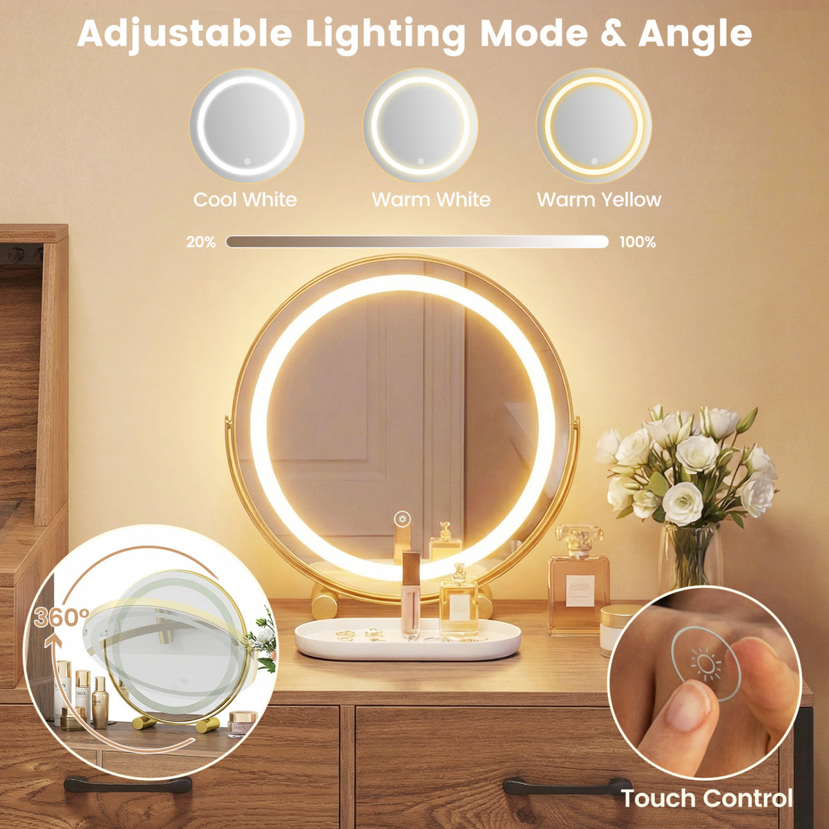 Vanity Desk with Mirror & Lights with Ring Slots & Necklace Hooks for Makeup-Natural & White
