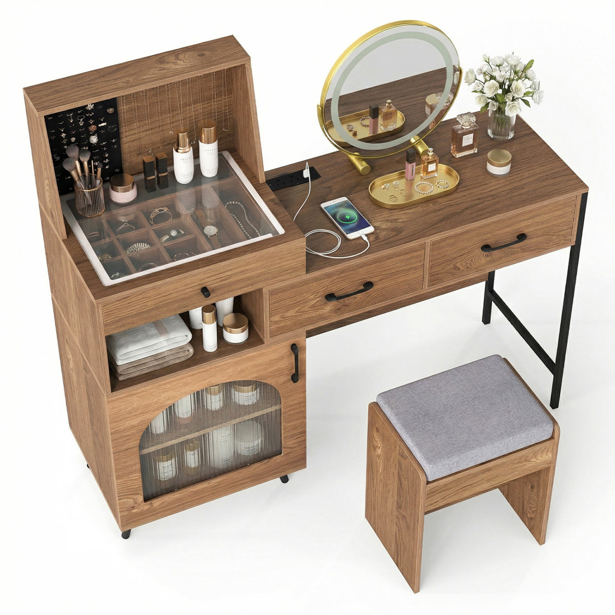 Vanity Desk with Mirror & Lights with Ring Slots & Necklace Hooks for Makeup-Natural & White