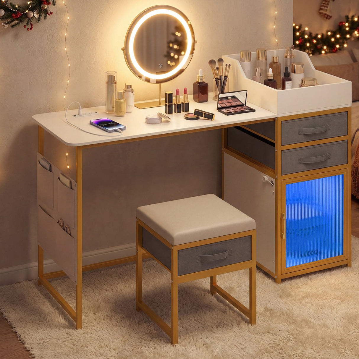 Vanity Desk with Rotatable Lighted Mirror 55 Inch Makeup Vanity Table-White