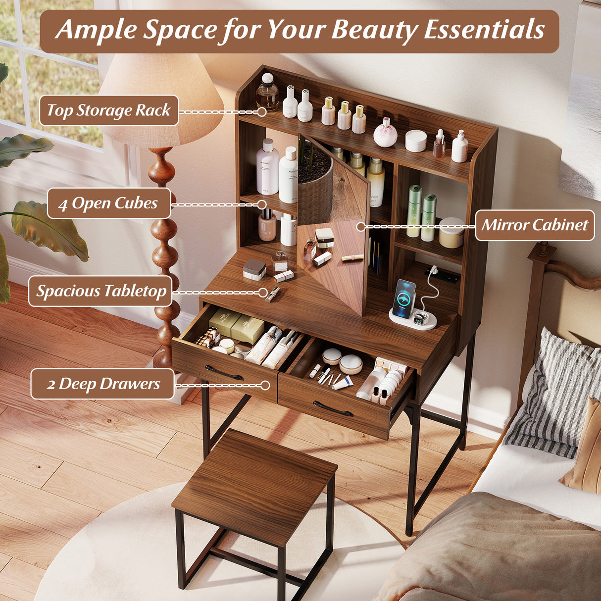 Vanity Desk with Storage Drawers and Charging Station-Walnut