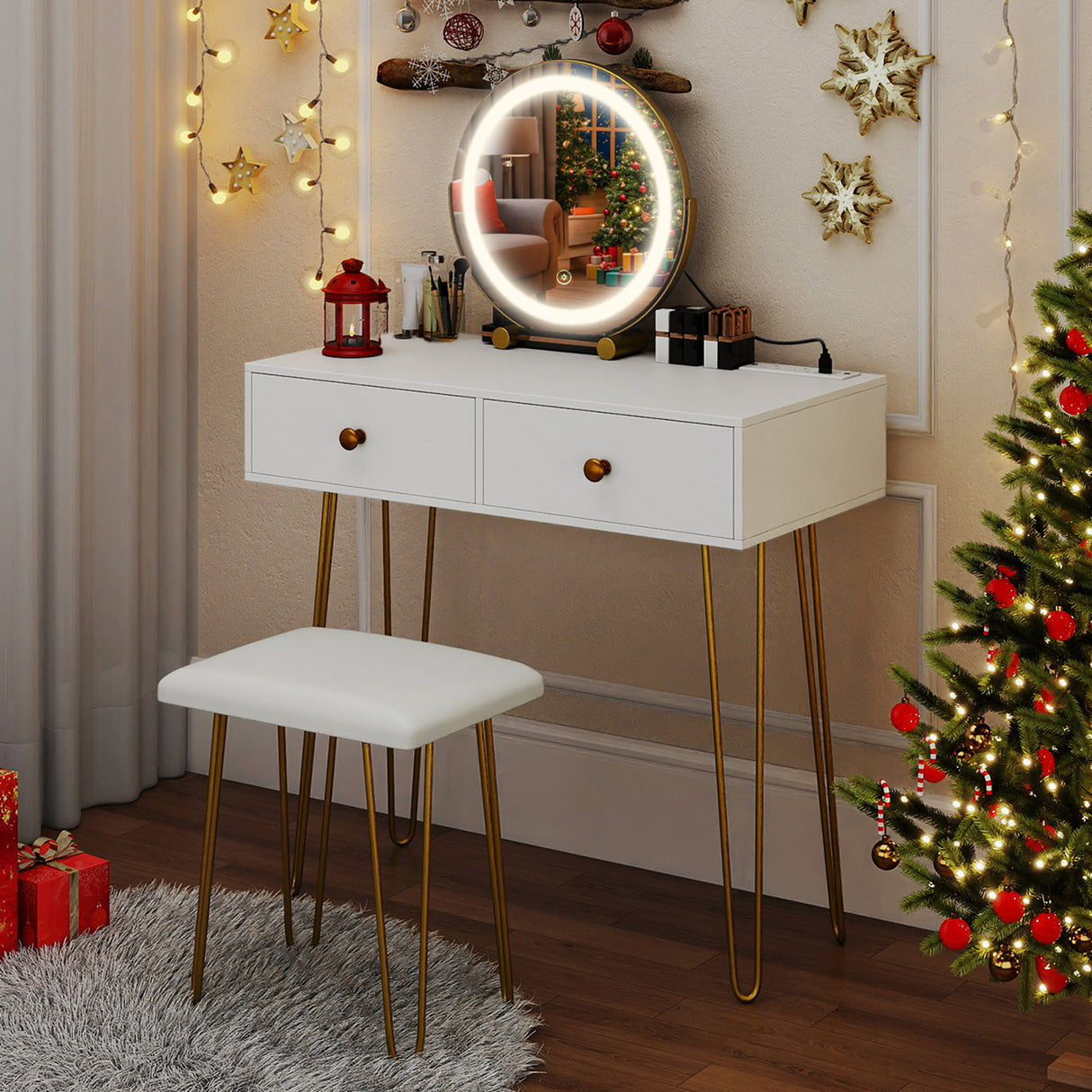 Vanity Desk with with Lighted Adjustable Mirror for Bedroom-White