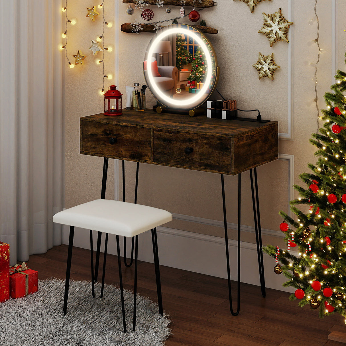 Vanity Desk with with Lighted Adjustable Mirror for Bedroom-Rustic Brown