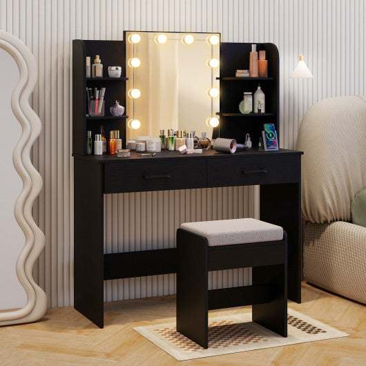 Vanity Set with Lighted Mirror and Stool with Power Outlet-Black