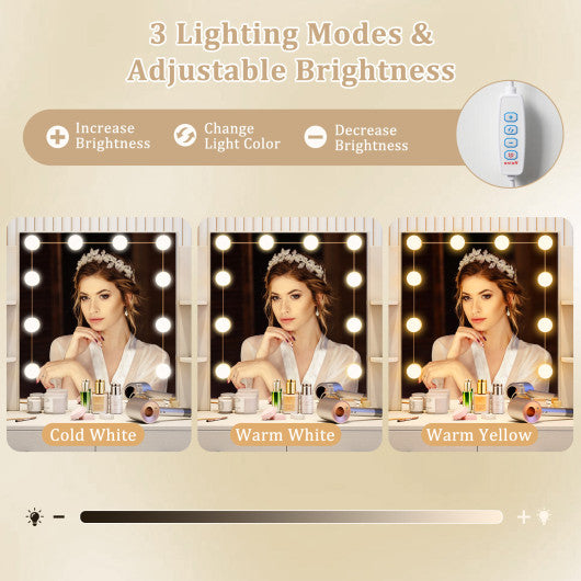 Vanity Set with Lighted Mirror and Stool with Power Outlet-White