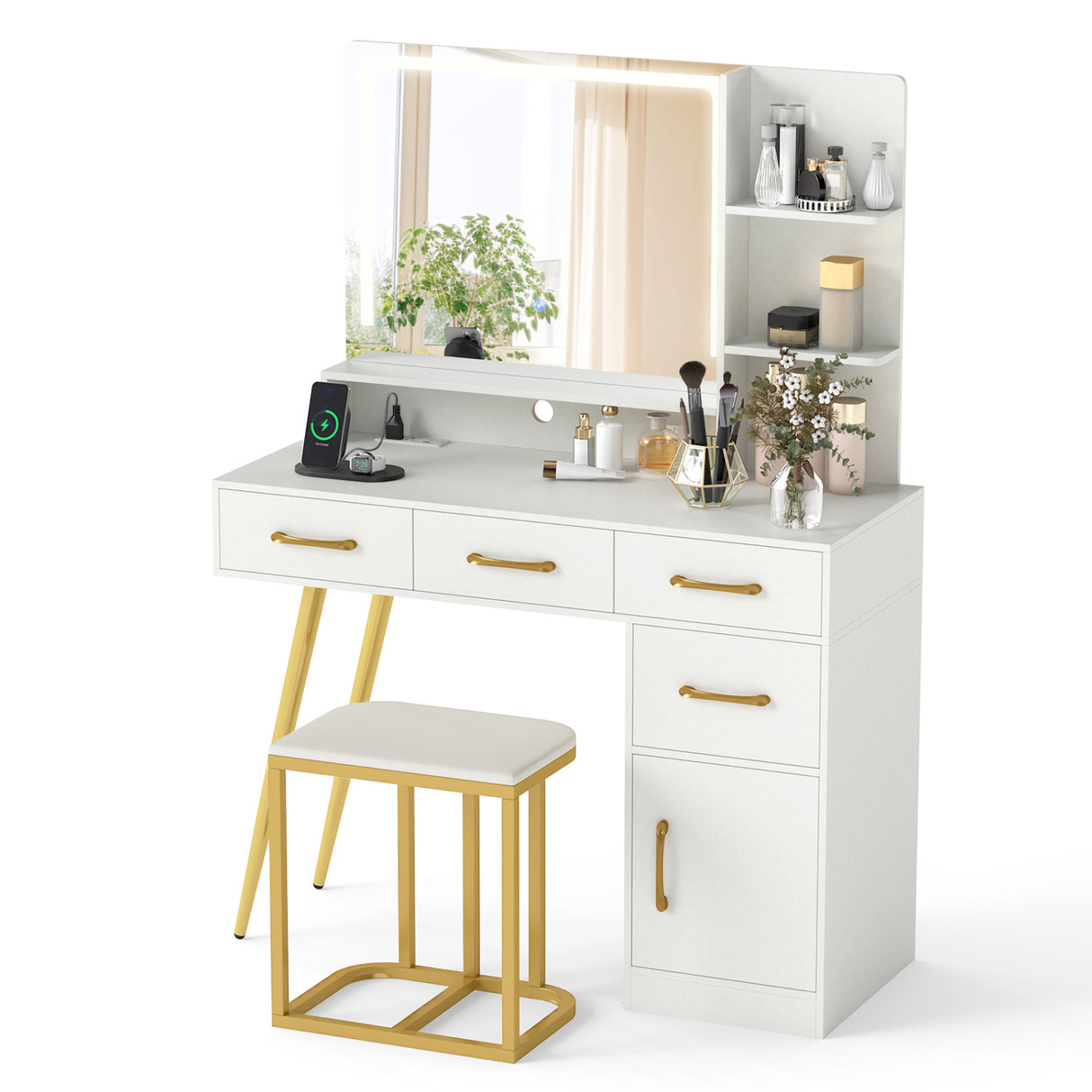 Vanity Set with Mirror and Lights and Table with Adjustable Brightness-White