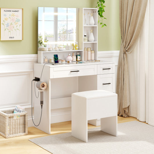 Vanity Stool Flip Top Storage Stool with Soft Padded Seat-White