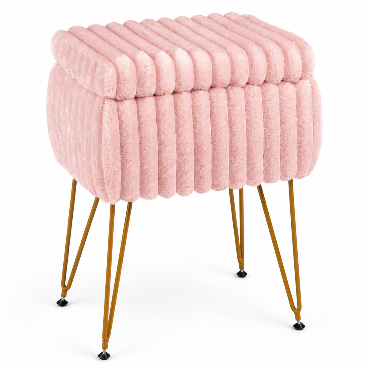 Vanity Stool with Storage and Reversible Lid Faux Fur Upholstered Ottoman-Pink