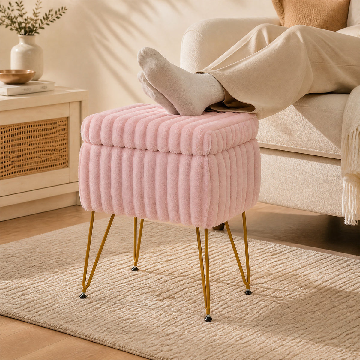 Vanity Stool with Storage and Reversible Lid Faux Fur Upholstered Ottoman-Pink