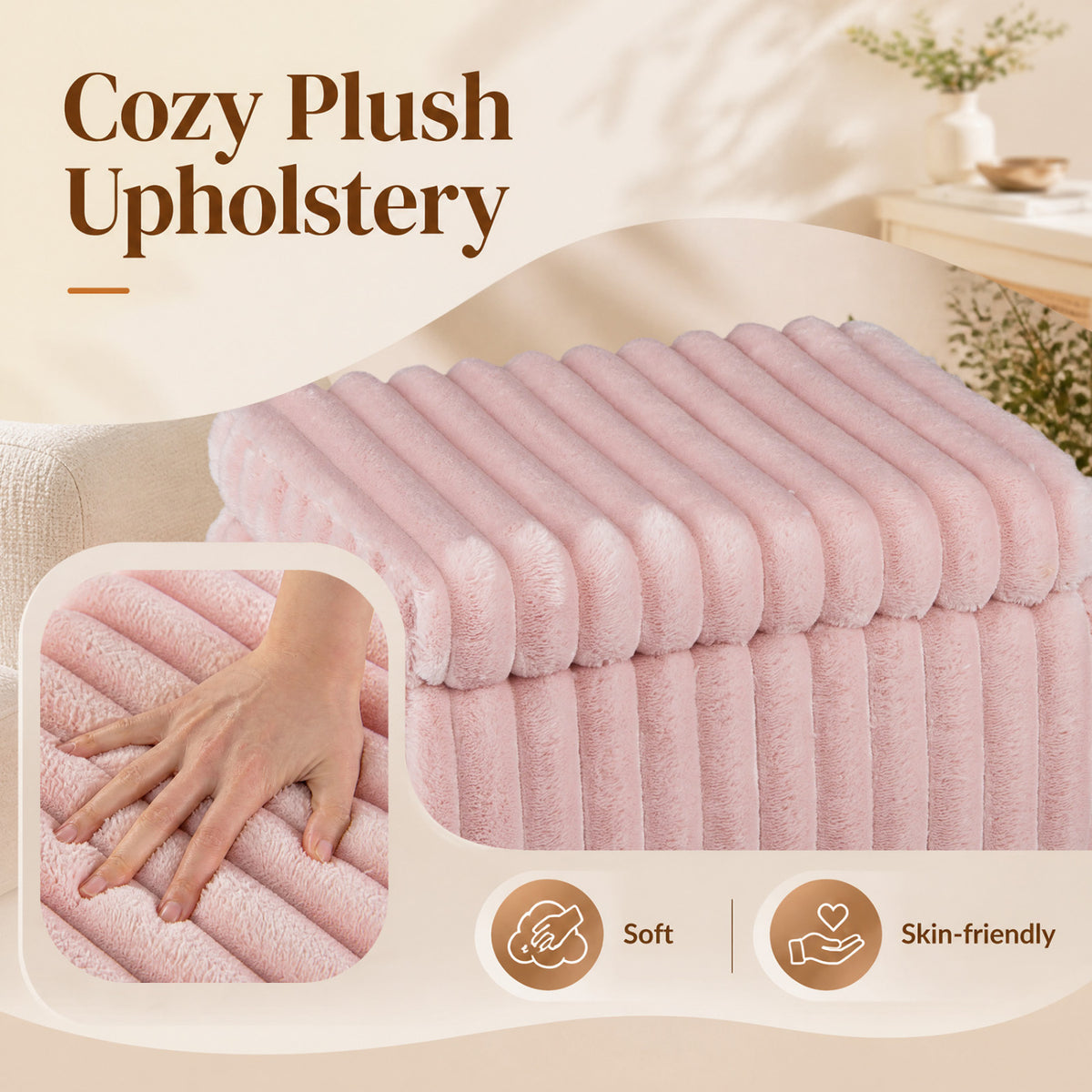 Vanity Stool with Storage and Reversible Lid Faux Fur Upholstered Ottoman-Pink