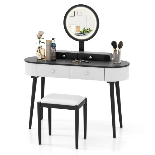 Makeup Vanity Table Set with LED Mirror and 3 Spacious Drawers-White-Dark Wood