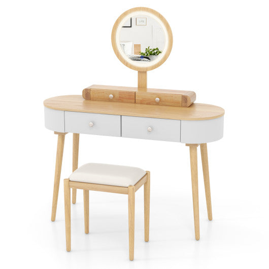Makeup Vanity Table Set with LED Mirror and 3 Spacious Drawers-White-Natural Wood