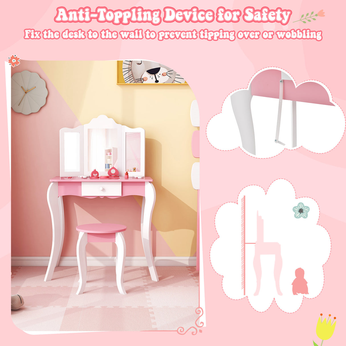 Kid's Wooden Vanity Table and Stool Set with 3-Panel Acrylic Mirror-White