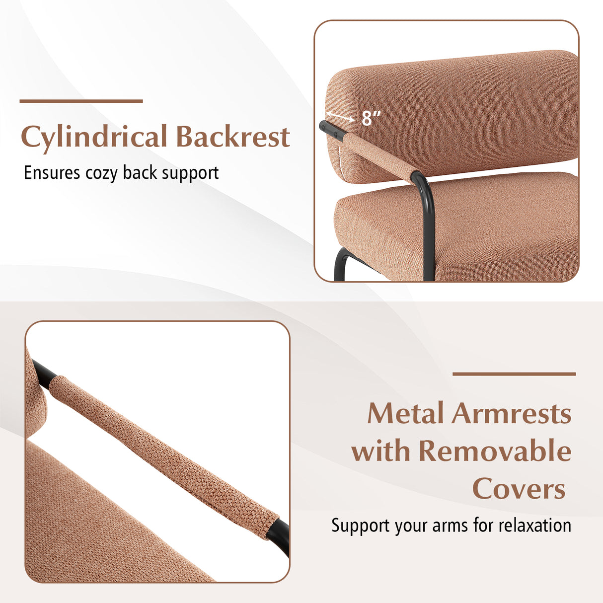 Velvet Upholstered Accent Chair with Cylindrical Backrest and Metal Armrests-Brown