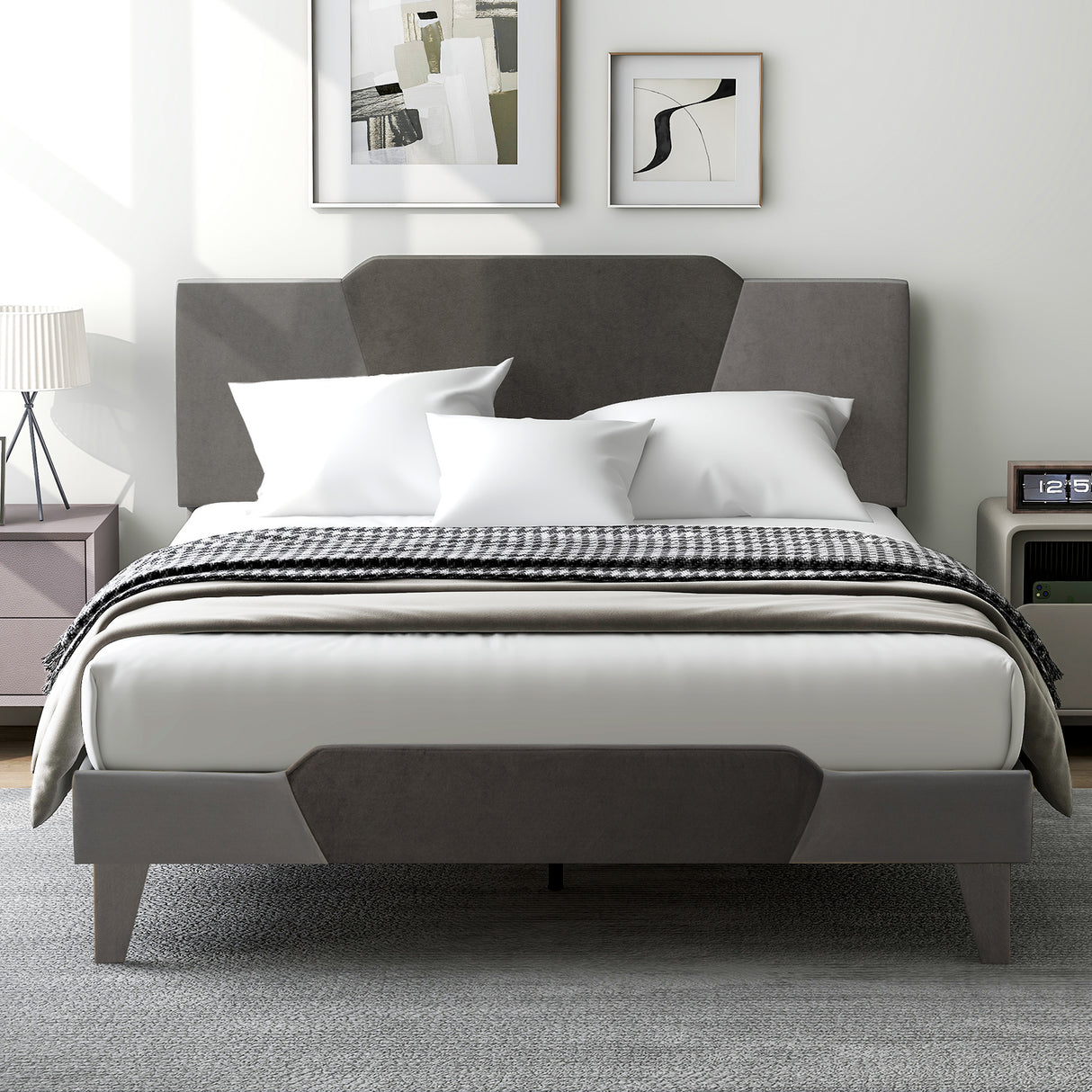 Full/Queen/Twin Velvet Upholstered Bed Frame with High Headboard-Queen Size