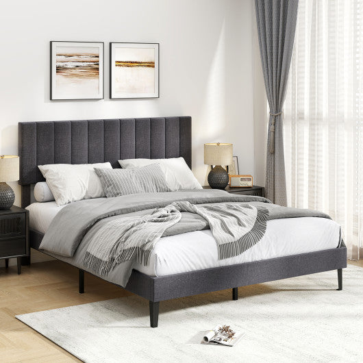 Velvet Upholstered Platform Bed with Height Adjustable Vertical Channel Headboard-Queen Size