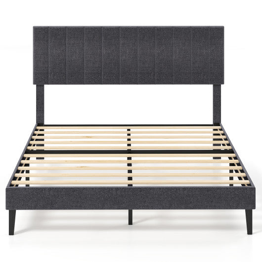 Velvet Upholstered Platform Bed with Height Adjustable Vertical Channel Headboard-Queen Size