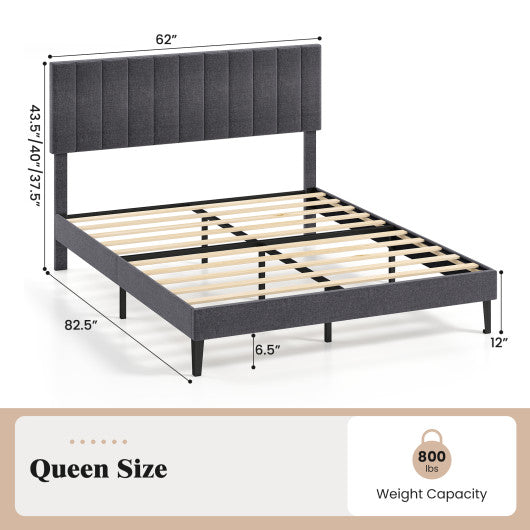Velvet Upholstered Platform Bed with Height Adjustable Vertical Channel Headboard-Queen Size