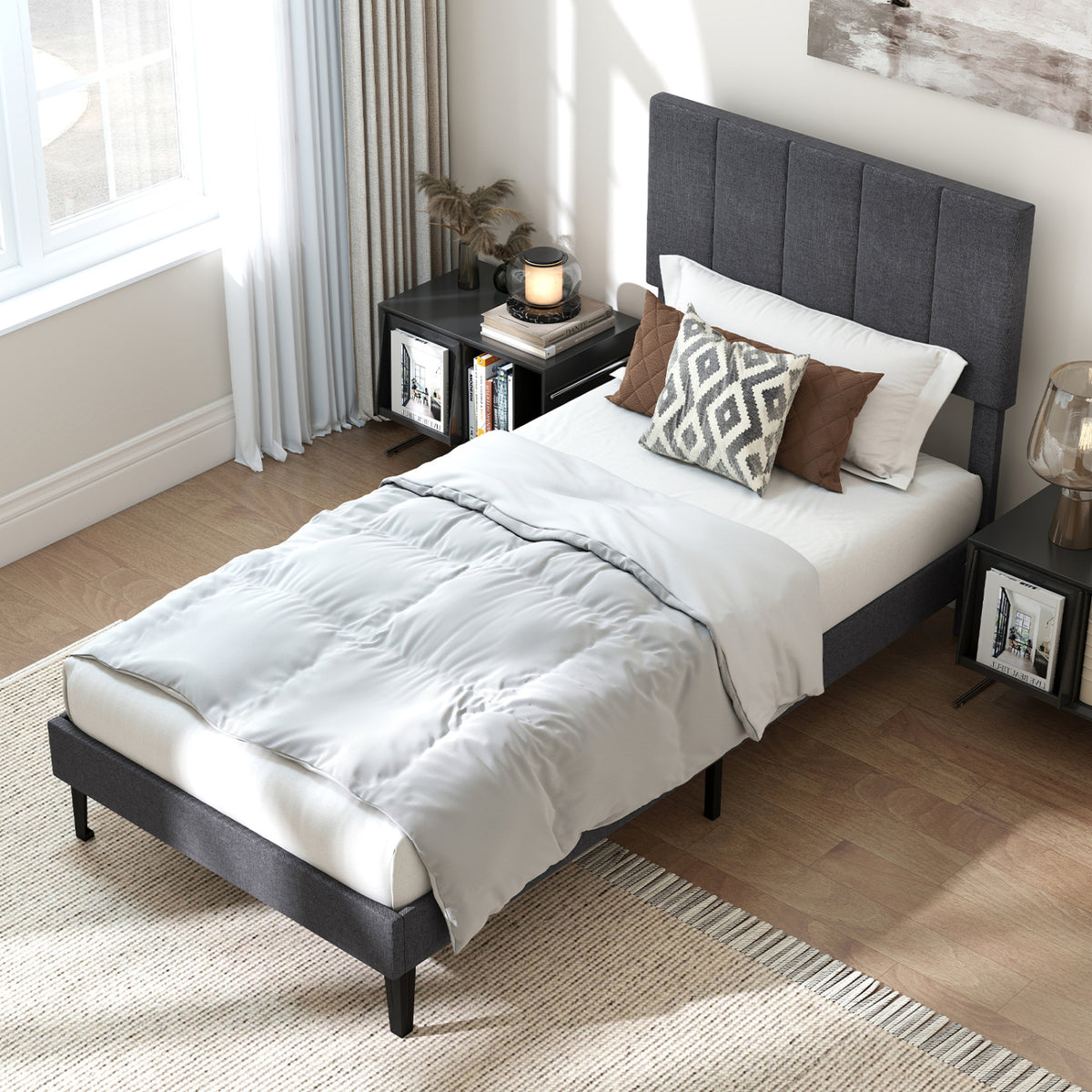 Linen Upholstered Platform Bed with Height Adjustable Vertical Channel Headboard-Twin Size