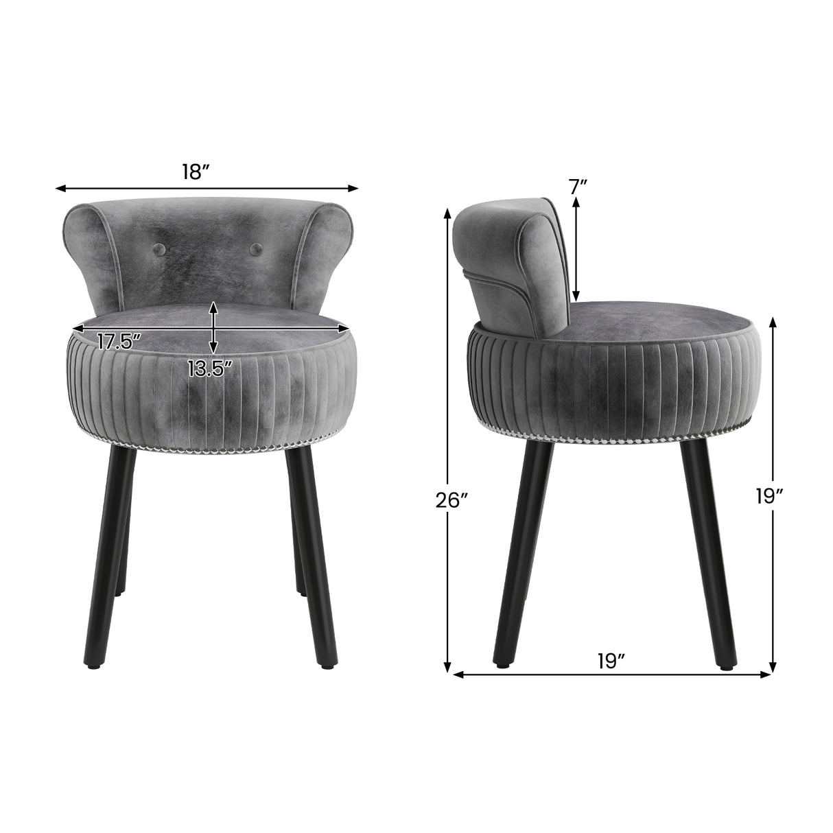 Velvet Vanity Chair with Back Upholstered Vanity Stool with Tufted Low Back and Solid Wood Legs-Gray