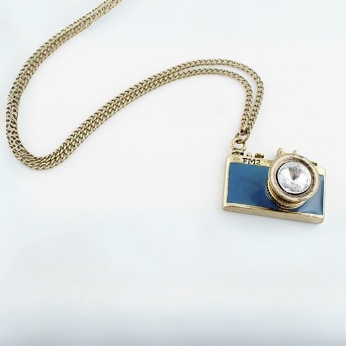 Vintage Camera Necklace in Teal | Antique Brass Long Chain