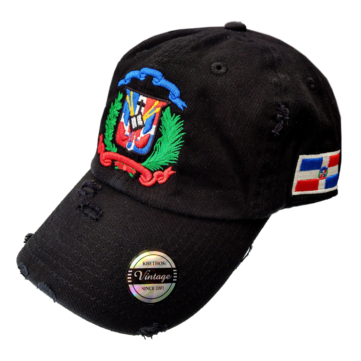 Dominican Republic Embroidered Vintage Dad Hat – Distressed Adjustable Cotton Baseball Cap with Dominican Shield Flag