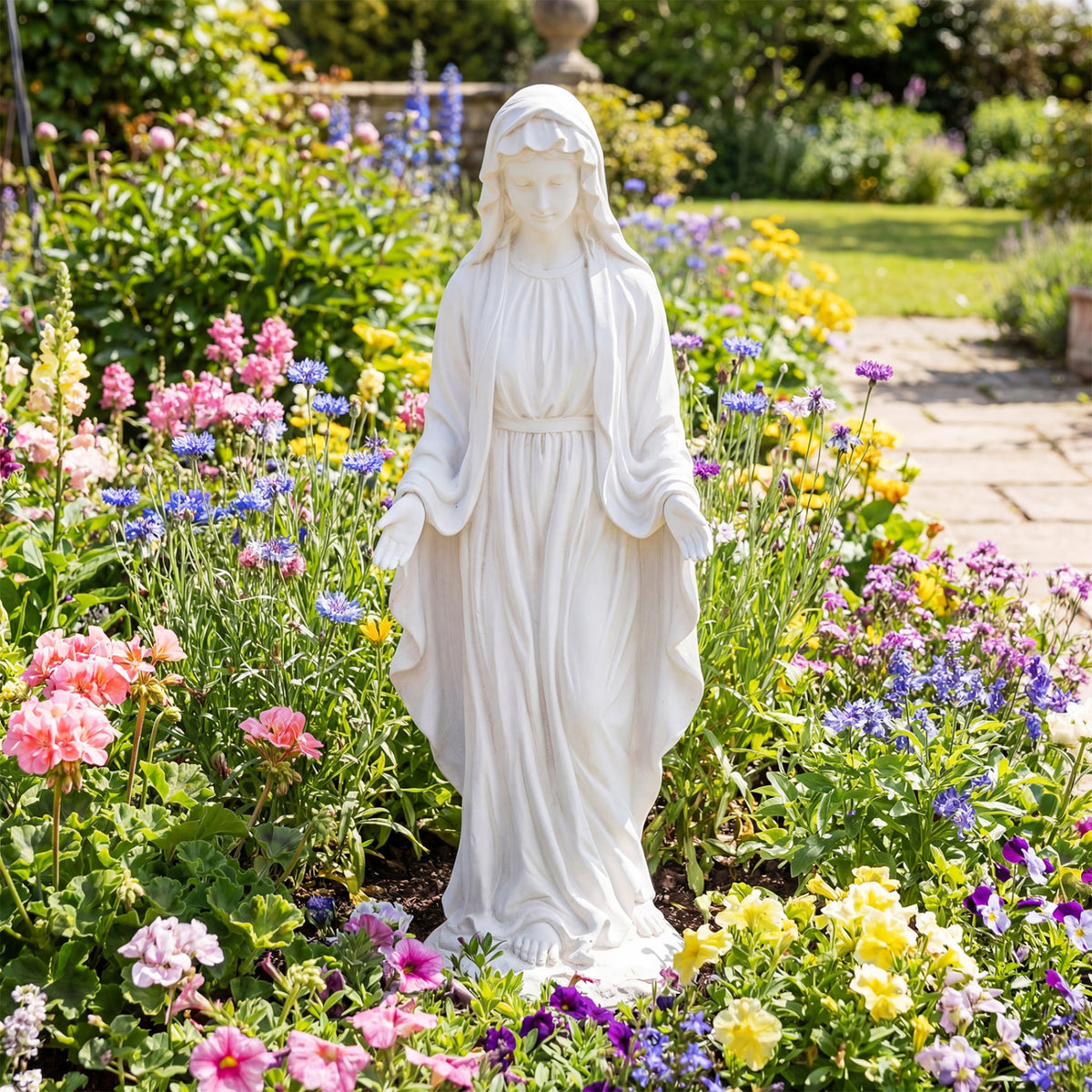 Virgin Mary Statue 29.5 inch Tall Outdoor Religious Sculpture with Aged Finish-White