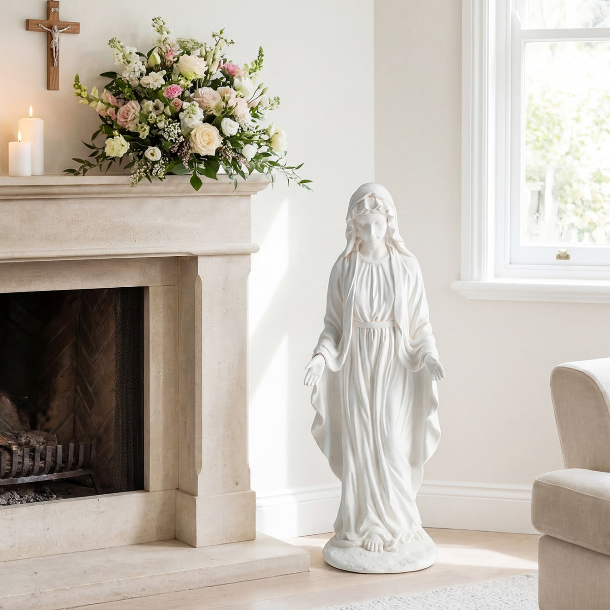 Virgin Mary Statue 29.5 inch Tall Outdoor Religious Sculpture with Aged Finish-White