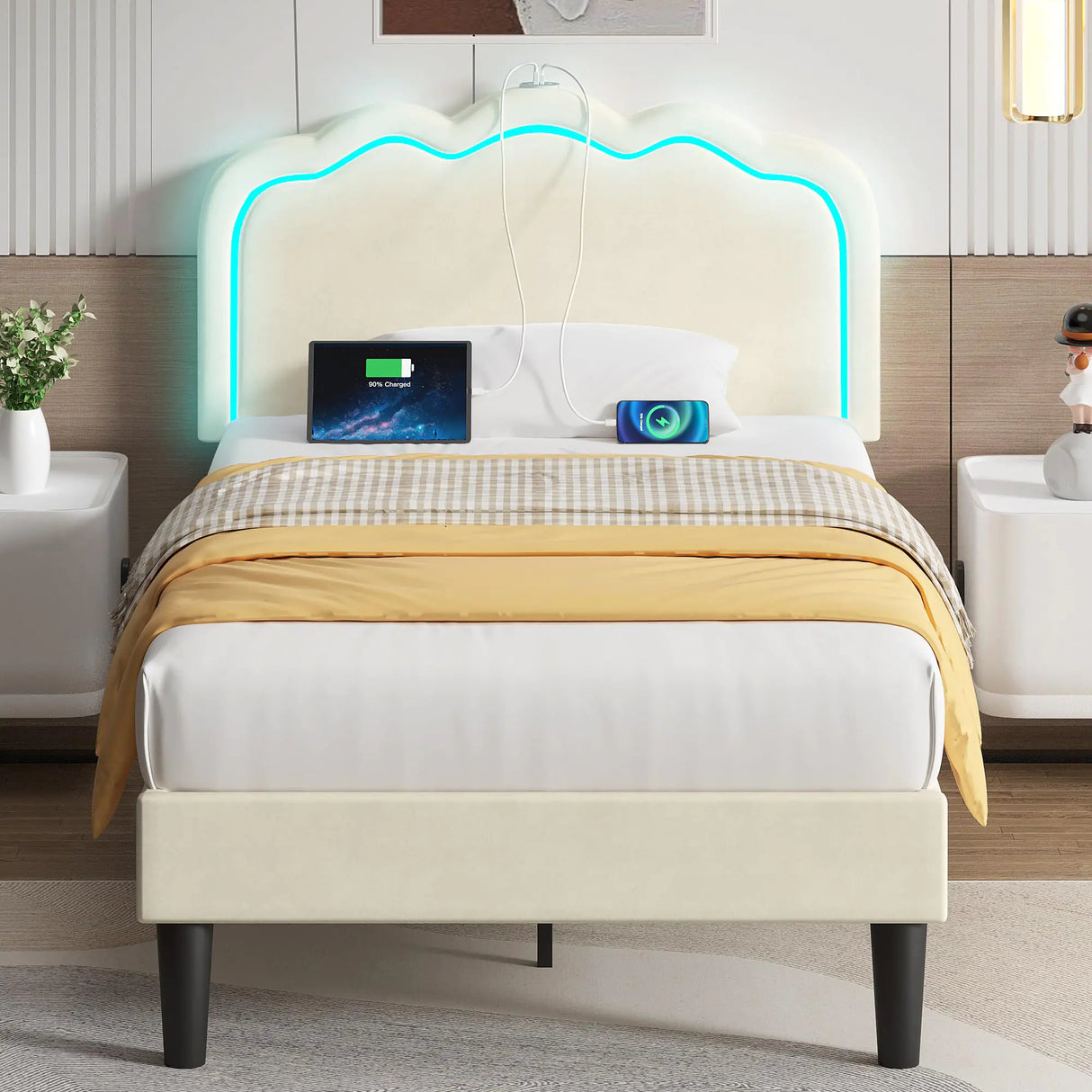 VECELO Upholstered Twin Bed Frame with Headboard Adjustable LED Lights USB-A & Type-C Velvet Platform Bed Noise Free Mattress Foundation with Wooden Slats No Box Spring Needed Beige