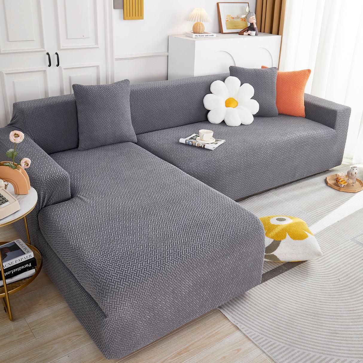 L Shape Couch Covers Stretch Slipcovers Furniture Protector with 1pcs Free Pillowcases