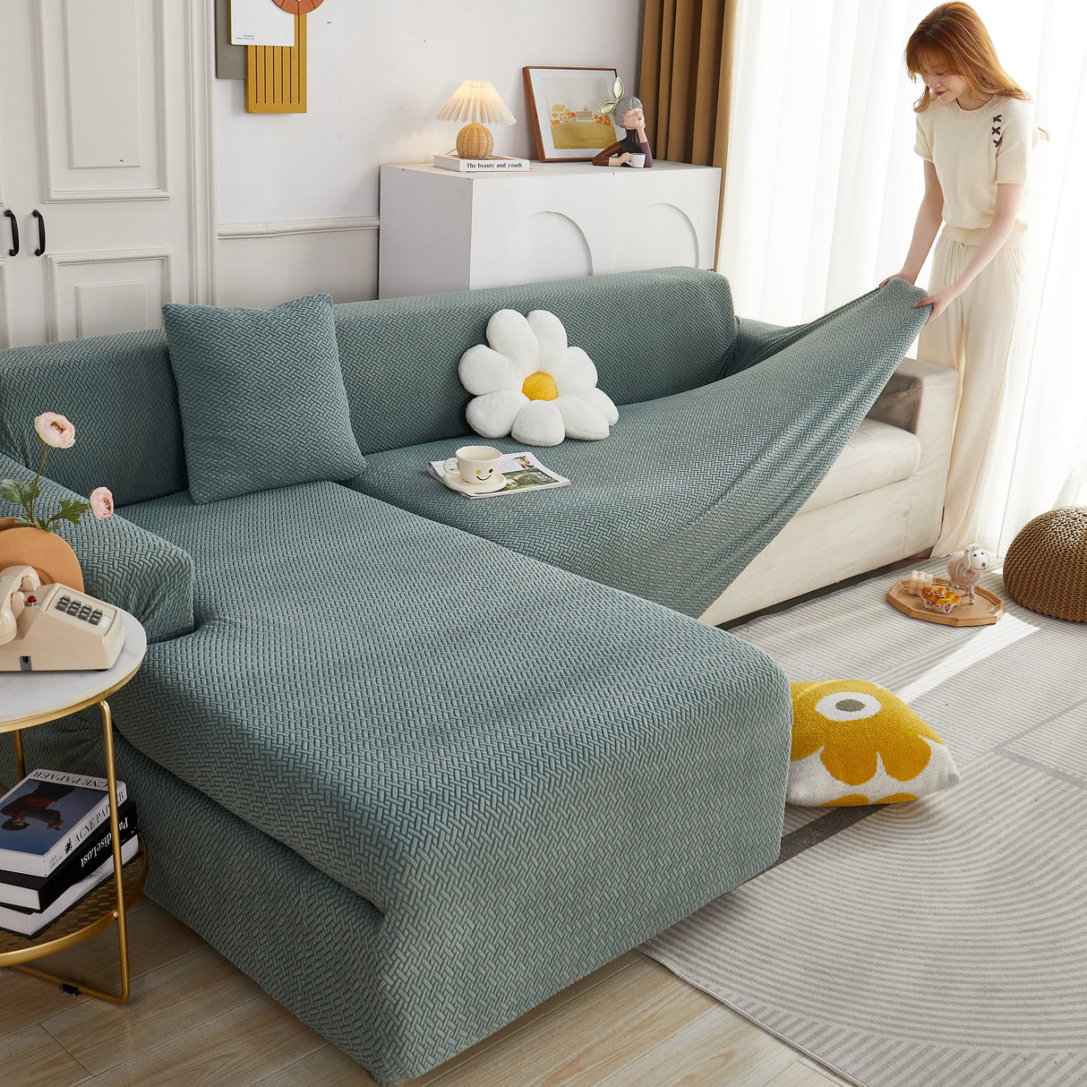 L Shape Couch Covers Stretch Slipcovers Furniture Protector with 1pcs Free Pillowcases