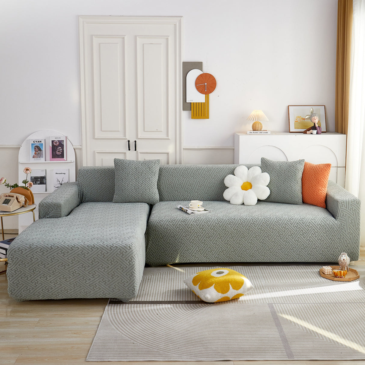 L Shape Sectional Sofa Cover Soft Stretch Furniture Protector Couch Slipcover with 1pcs Free Pillowcases