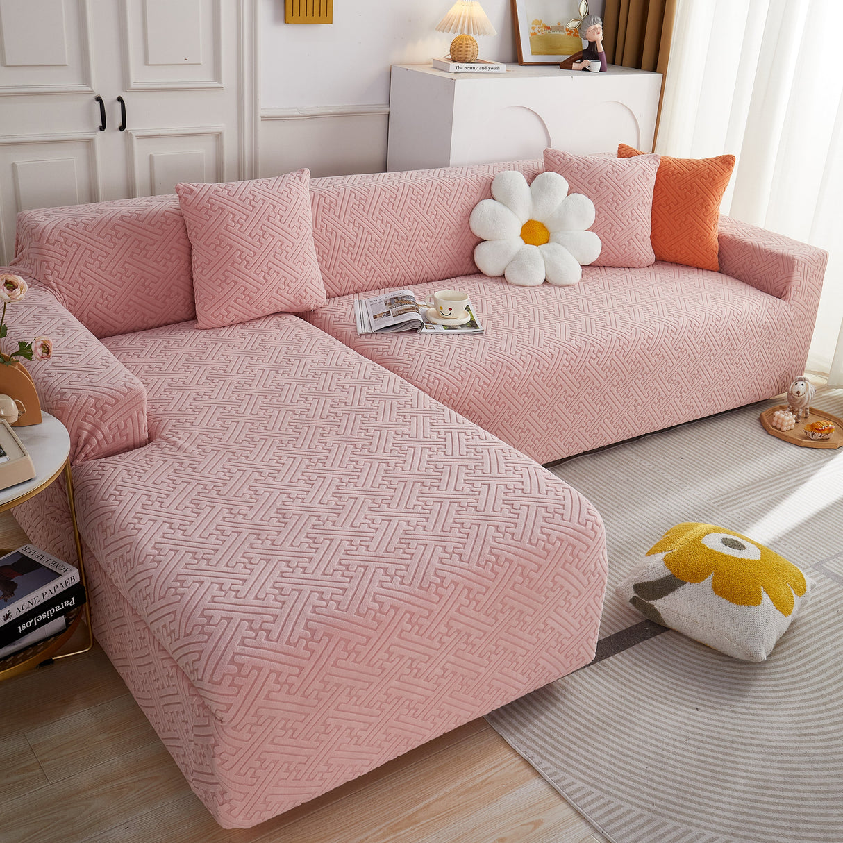 L Shape Sectional Sofa Cover Soft Stretch Furniture Protector Couch Slipcover with 1pcs Free Pillowcases