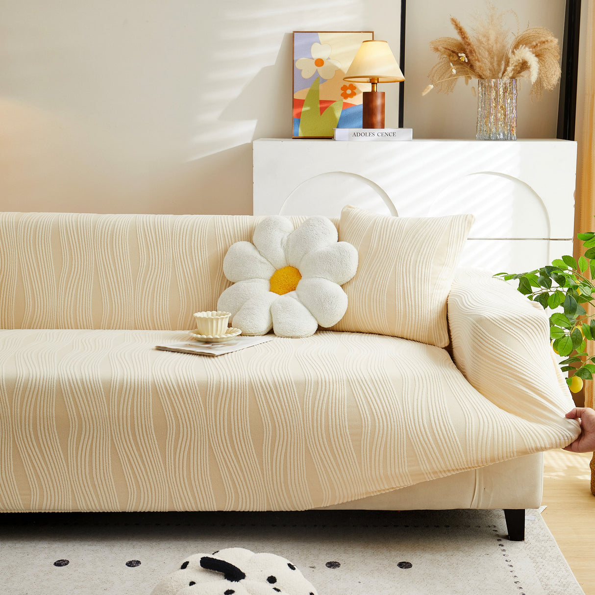 Textured Wave Stretch Sofa Couch Cover, Soft Washable Spandex Furniture Slipcovers