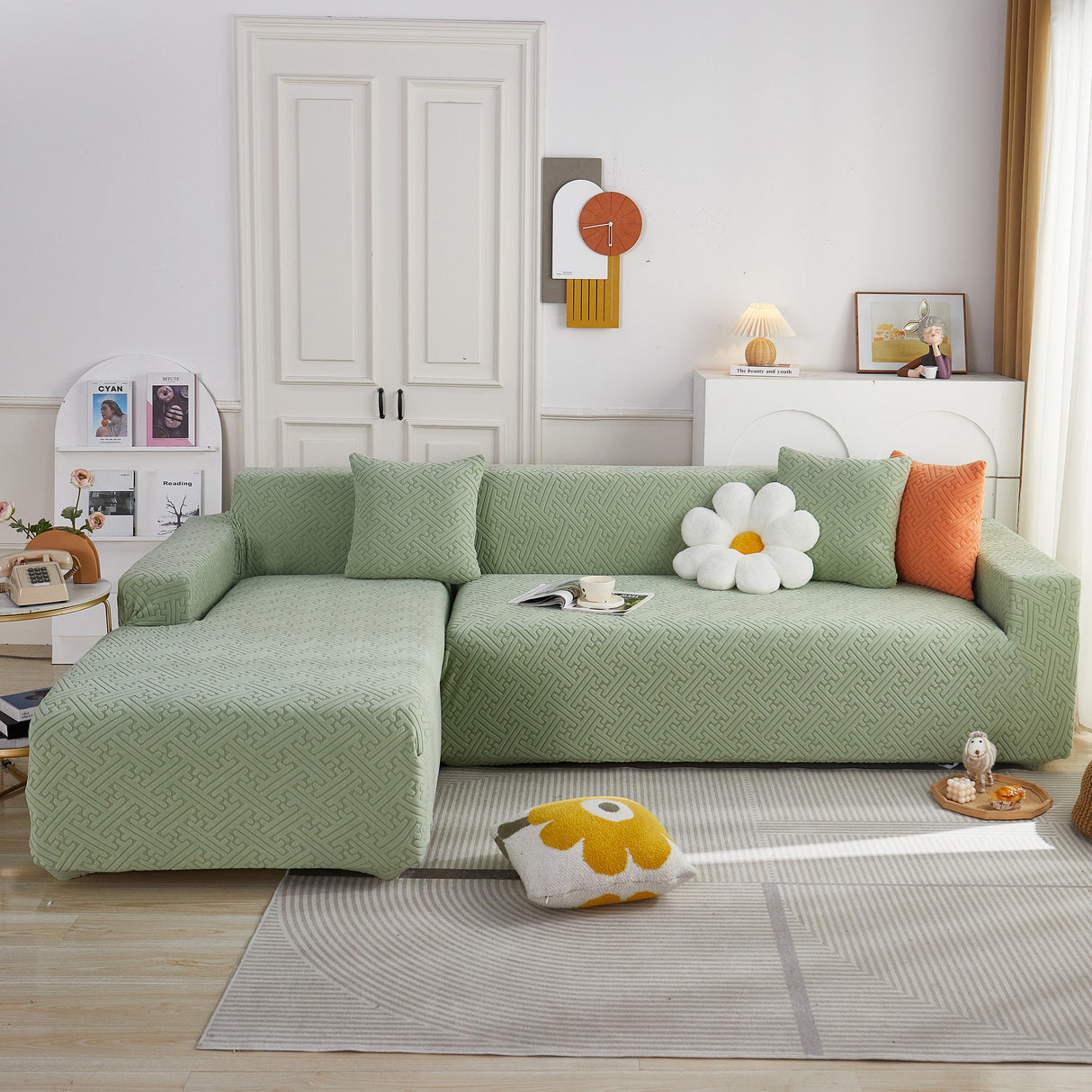 L Shape Sectional Sofa Cover Soft Stretch Furniture Protector Couch Slipcover with 1pcs Free Pillowcases