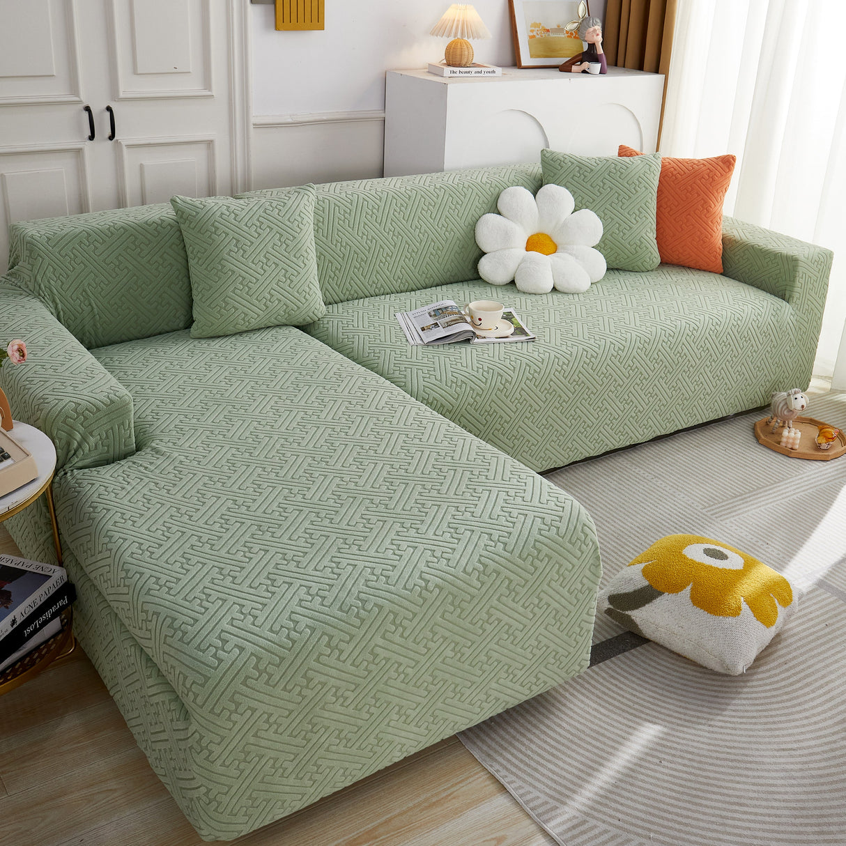 L Shape Sectional Sofa Cover Soft Stretch Furniture Protector Couch Slipcover with 1pcs Free Pillowcases