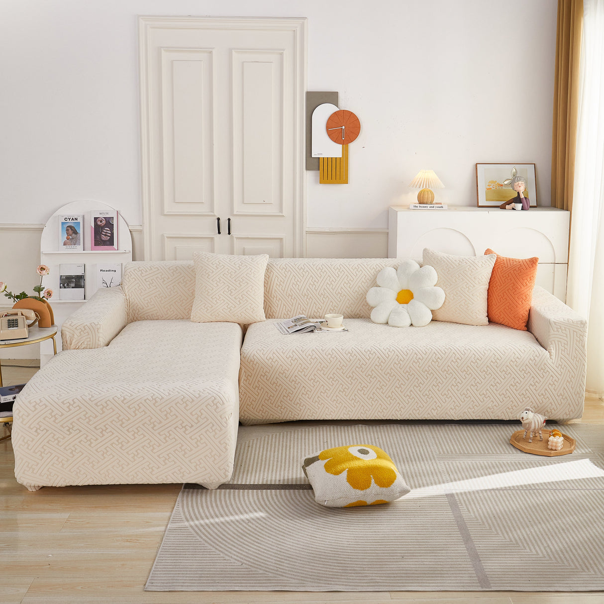 L Shape Sectional Sofa Cover Soft Stretch Furniture Protector Couch Slipcover with 1pcs Free Pillowcases