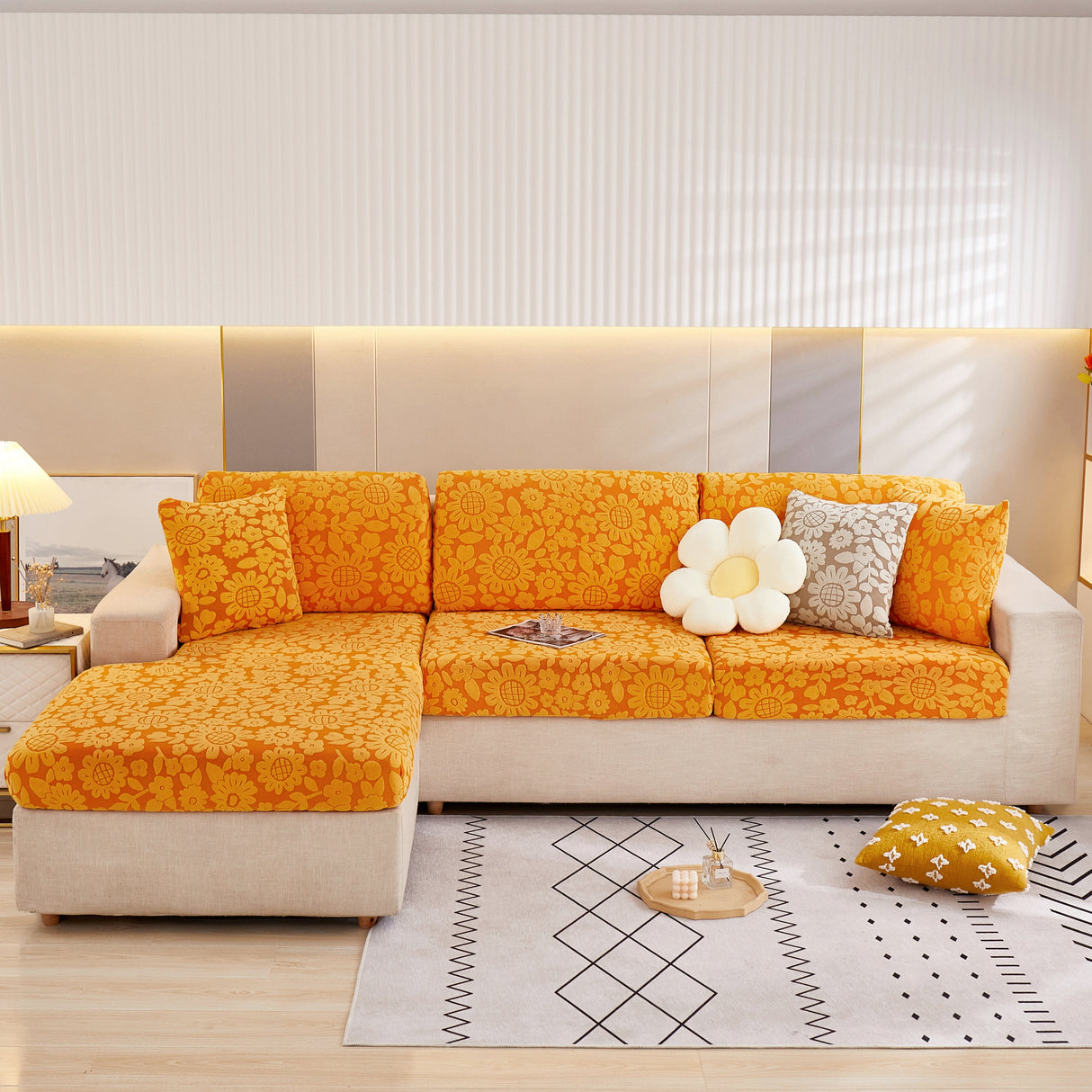Flower Pattern Jacquard Fleece Stretch Sofa Cover, Non-Slip L-Shaped Couch Cushion Covers for Pets